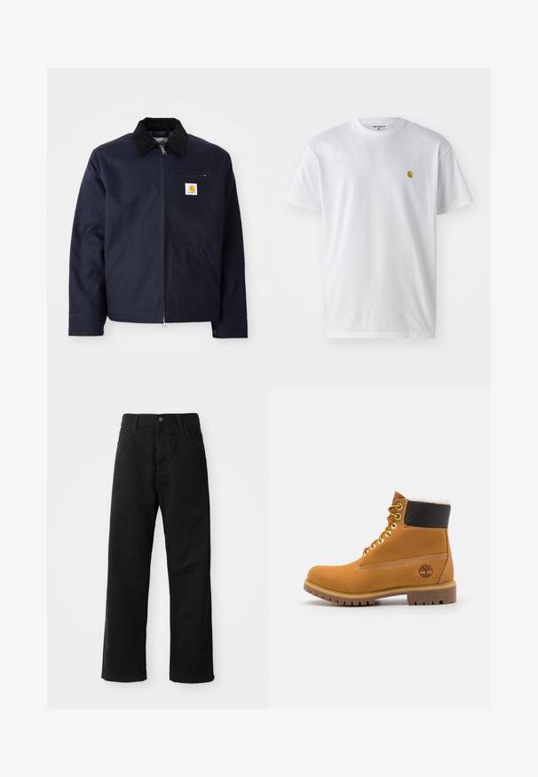 Chaqueta azul marino de lona con cuello de pana negro, cierre de cremallera, bolsillo frontal y parche del logo en el lado izquierdo del pecho.; Camiseta de algodón blanca con mangas cortas, cuello redondo, que presenta un pequeño logo dorado en la parte izquierda del pecho. Textura suave y corte regular.; Pantalones de mezclilla negros con corte recto, con bolsillos frontales, cremallera y un solo botón en la parte superior. Tejido texturizado con un acabado mate.; Botín de cuero marrón con ojales de metal, forro de piel sintética blanca, cuello acolchado negro, suela resistente y logotipo en relieve en el costado.