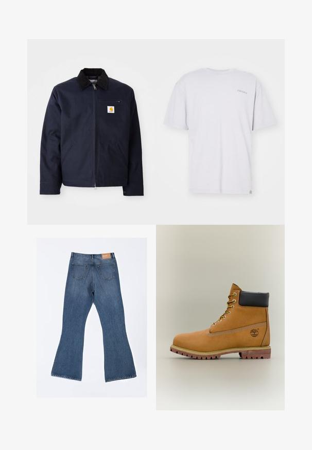Chaqueta azul marino de lona con cuello de pana negro, cierre de cremallera, bolsillo frontal y parche del logo en el lado izquierdo del pecho.; Camiseta de algodón blanca con un corte relajado, mangas cortas, cuello redondo acanalado y un pequeño logo bordado en el lado izquierdo del pecho.; Vaqueros acampanados de mezclilla de color azul, con una cintura alta, cinco bolsillos y un dobladillo sin terminar en la parte inferior. Etiqueta ubicada en la cinturilla.; Bota de tobillo de cuero marrón con cuello negro, cordones amarillos y suela beige. Presenta un logotipo y detalles de costura blanca. Suela exterior con tracción robusta.