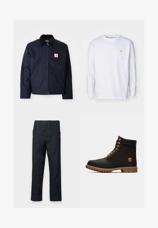Marineblå jakke lavet af canvas med en sort velourkrave, lynlåslukning, frontlomme og logo-lap på venstre bryst.; Hvid langærmet t-shirt lavet af bomuld. Har et lille gyldent logo på brystet og en rund halsudskæring. Enkel design og standard pasform.; Mørkeblå denimjeans med lige ben, gul søm, forlommer og knaplukning i taljen.; Sorte læder ankelstøvle med gyldne øjer, brune detaljer og gummisål. Har en polstret krave og præget logo på siden.