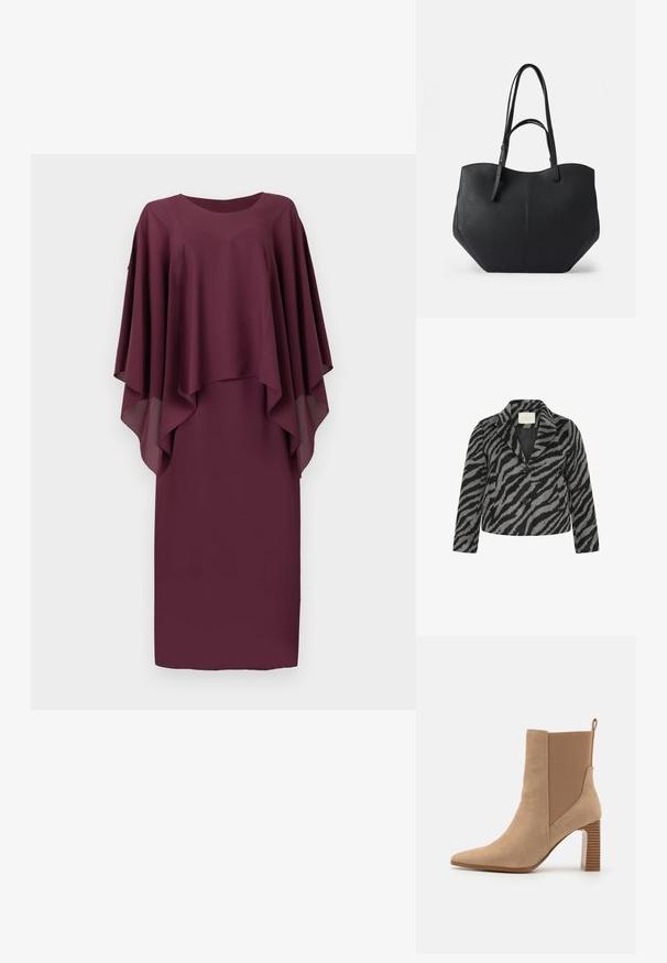 Kaffe Curve KCTORI - Kurzmantel - black grey animal; Bordeauxfarbenes Kleid mit geschichteten, fließenden Kapuzenärmeln. Hergestellt aus einem leichten, glatten Stoff. Rundhalsausschnitt, knielanger Schnitt, minimaler Schmuck.; Beige Ankle-Boots aus Wildleder mit elastischen Seitenpaneelen, spitzer Zehenform und einem gestreiften Blockabsatz. Mit einem Ziehgriff an der Rückseite.; Schwarze Tragetasche aus glattem, strukturiertem Leder, mit abgerundetem oberen Teil und zwei langen Griffen. Verfügt über eine winklige Basis für Stabilität und ein strukturiertes Design.