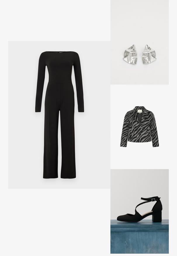 Kaffe Curve KCTORI - Kurzmantel - black grey animal; Schwarzer Jumpsuit mit langen Ärmeln und weitem Bein, tailliert und mit U-Boot-Ausschnitt, vor einfachem hellem Hintergrund dargestellt.; Schwarze Mary Jane Schuhe mit Knöchelriemen und Blockabsatz, schwebend über einem strukturierten Boden, mit einem verschwommenen Hintergrund und teilweise sichtbaren Pflanzenblättern.; Silberne Metallohrringe mit einem wellenförmigen, skulpturalen Design, das eine polierte Oberfläche und unregelmäßige Formen aufweist, die eine zeitgenössische Ästhetik betonen.