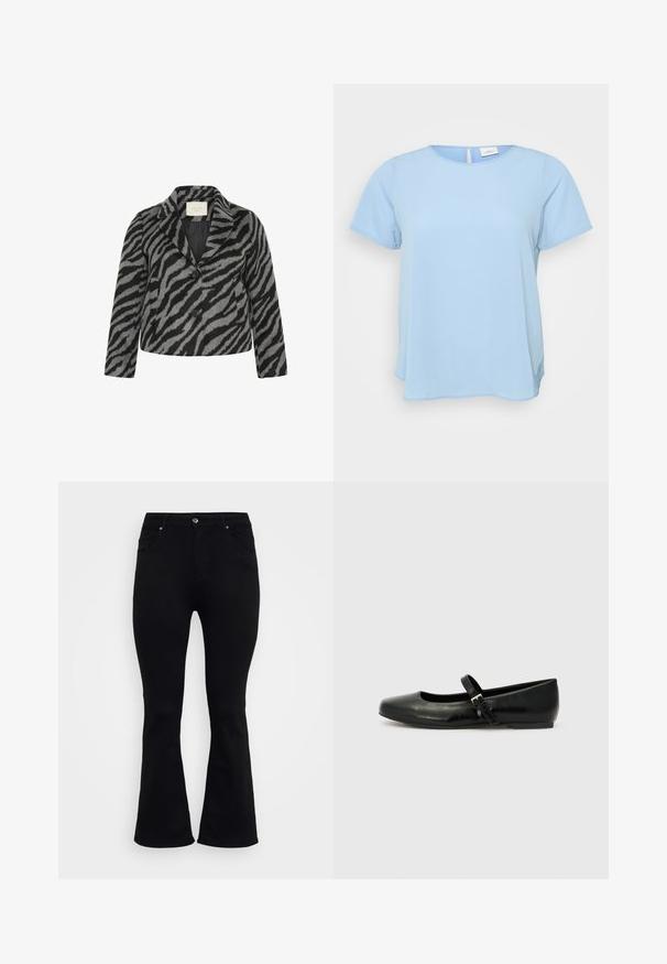 Kaffe Curve KCTORI - Korte frakker - black grey animal; ONLY Carmakoma CARVICA LIFE - Bluse - light blue; ONLY Carmakoma Flared fit CARWILLY High waist - Flared jeans - black denim; Sorte læder balletflade med rund tå, flad sål og en tynd justerbar rem over svangen med en metalspænde.