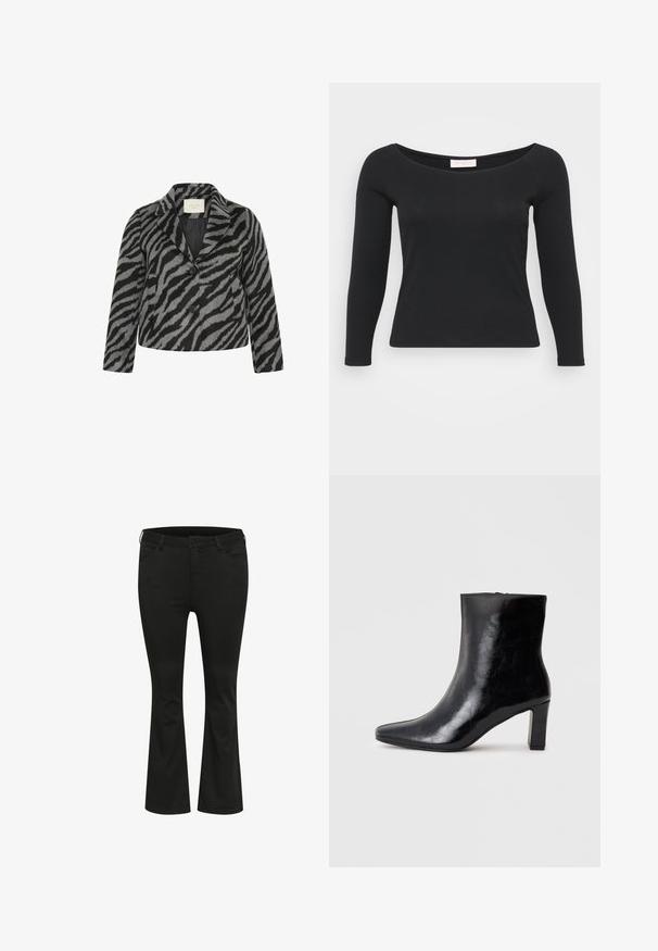 Kaffe Curve KCTORI - Manteau court - black grey animal; T-shirt noir à manches longues en tissu côtelé, avec un col rond large et une coupe ajustée.; Jean fluide noir en denim avec quatre poches, coutures discrètes et éléments en métal sur la ceinture et les bords des poches.; Bottine noire en cuir brillant, avec un bout pointu et un talon carré moyen, présentant une texture lisse et un design simple.