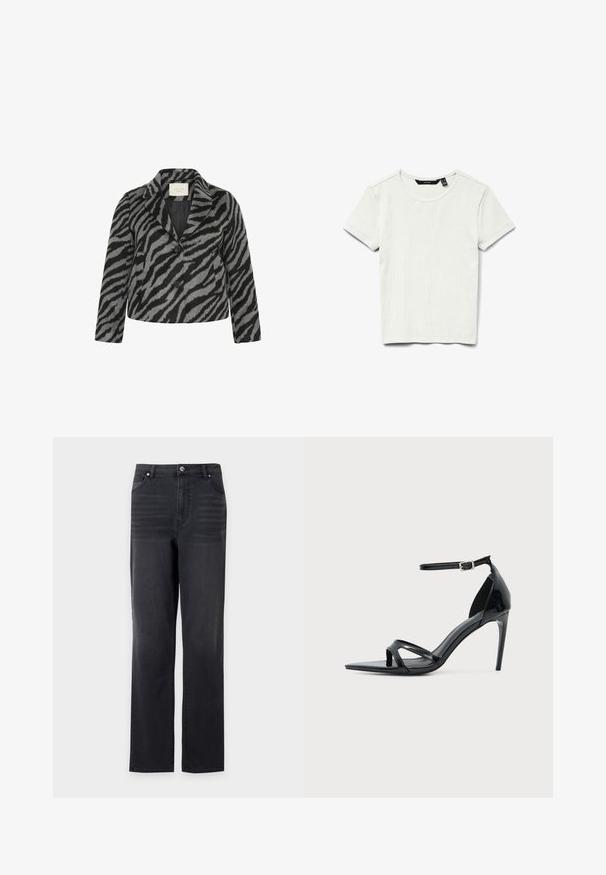 Kaffe Curve KCTORI - Korte frakker - black grey animal; Enkel hvid ribstrikket bomulds T-shirt med korte ærmer og rund halsudskæring, vist fladt på hvid baggrund.; Sorte jeans med lige ben, frontlommer og bæltestropper, vist mod en hvid baggrund.; Sort laklædersandal med høje hæle, tynd ankelrem, åben tå og minimalistisk design på en ensfarvet lys baggrund.