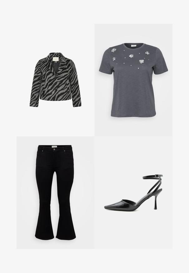 Kaffe Curve KCTORI - Korte frakker - black grey animal; Grå bomulds T-shirt med korte ærmer, prydet med metallic blomsterapplikationer og palietter arrangeret på forsiden. Blød tekstur, afslappet pasform.; Sorte flare jeans lavet af blød denim, med en tætsiddende talje, frontlommer og en flagrende kant for en afslappet pasform.; Sort spids højhælet sko med tynde ankelremme og sølvspænde på en ensfarvet lys baggrund.