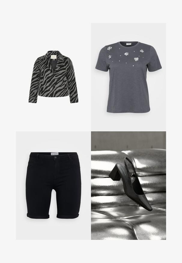Kaffe Curve KCTORI - Manteau court - black grey animal; T-shirt en coton gris à manches courtes, avec des appliqués floraux métalliques et des sequins disposés sur le devant. Texture douce, coupe décontractée.; Shorts en denim noir avec ourlets roulés, dotés d'une fermeture à bouton à l'avant, de passants de ceinture et de deux poches avant. Texture lisse, design ajusté.; Escarpin noir à bride arrière avec bout pointu, présentant une surface texturée et un talon bloc épais. Posé sur un fond métallique brillant.