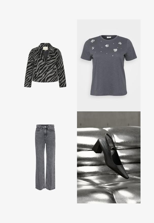 Kaffe Curve KCTORI - Korte frakker - black grey animal; Grå bomulds T-shirt med korte ærmer, prydet med metallic blomsterapplikationer og palietter arrangeret på forsiden. Blød tekstur, afslappet pasform.; Grå denimjeans i høj talje og med lige ben, med frontknap, lynlåslukning og klassisk design med fem lommer.; Sort slingback-hæl med spids tå, der har en tekstureret overflade og en chunky blokhæl. Lagt mod en skinnende, metallisk baggrund.