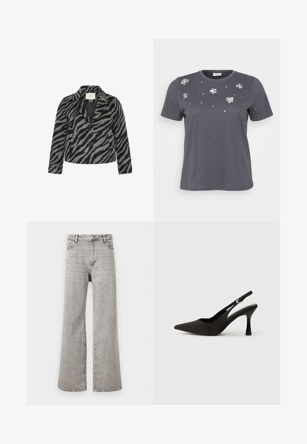 Kaffe Curve KCTORI - Halflange jas - black grey animal; Grijze katoenen t-shirt met korte mouwen, met metalen bloemenappliqués en pailletten die op de voorkant zijn aangebracht. Zachte structuur, comfortabele pasvorm.; Grijze denim jeans met hoge taille, rechte pijpen, voorste knoop, ritssluiting en vijf zakken ontwerp op een effen witte achtergrond.; Zwarte slingback hakken met een spitse neus, een gladde matte afwerking en een slanke, glanzende hak. Verstelbare band met een klein gespdetail.