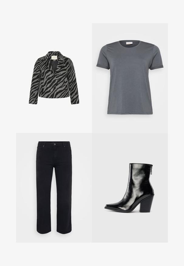 Kaffe Curve KCTORI - Korte frakker - black grey animal; Grå kortærmet T-shirt lavet af blødt stof, med en klassisk rund halsudskæring og oprullede ærmer. Glat tekstur uden synlige mønstre.; Sorte denimjeans med lige ben-design. Funktioner inkluderer en knaplukning i taljen, bæltestropper og front-/baglommer. Glat tekstur.; Sorte læder ankelstøvler med en blank finish, spidse tæer og blokhæle. Har en sidezipper for nem på- og aftagning.