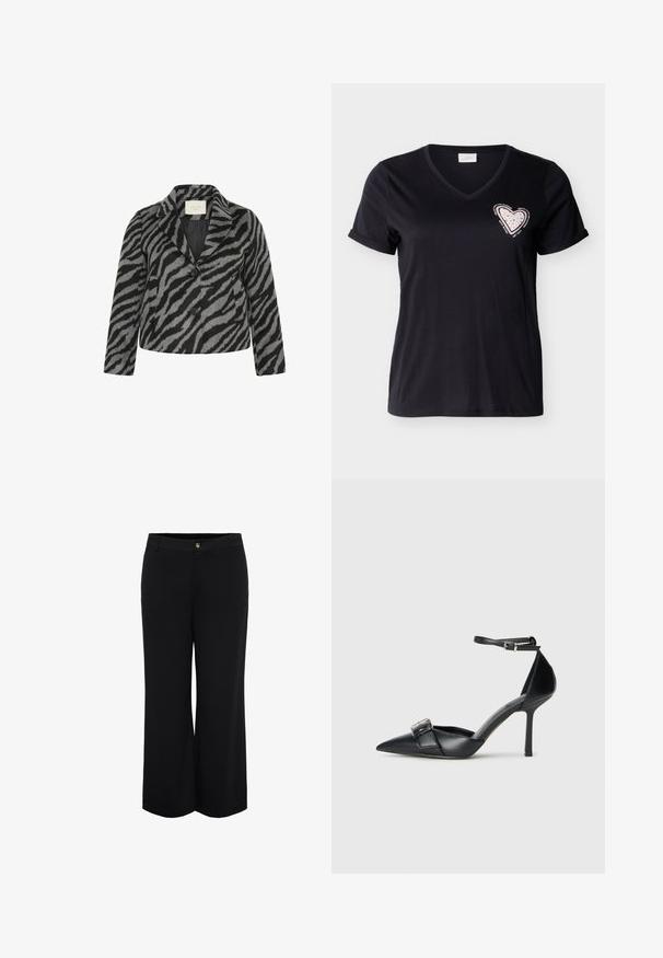 Kaffe Curve KCTORI - Korte frakker - black grey animal; Sort V-hals T-shirt med korte ærmer og opbrettede kanter, med en lyserød hjerte-patch med små nitter og omgivende motiverende tekst på brystet.; Sorte bukser med vide ben, foran knaplukning og bæltestropper, skræddersyet til en løs og komfortabel pasform.; Sorte læder højhælede sko med spids tå, ankelrem og en sølv spænde detalje. Glat tekstur med en strømlinet silhuet.