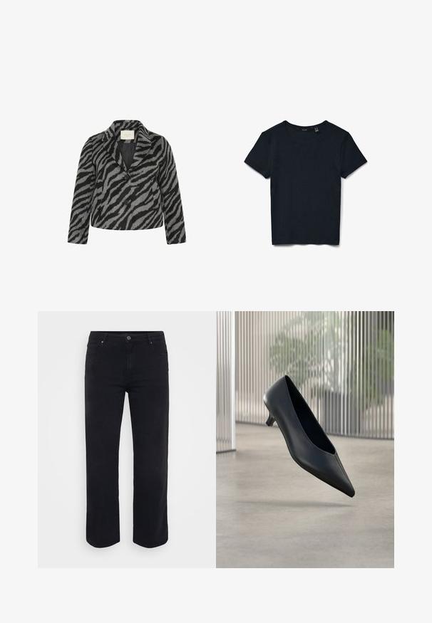 Kaffe Curve KCTORI - Abrigo corto - black grey animal; Camiseta negra de manga corta con tejido acanalado y cuello redondo, vista desde arriba sobre fondo blanco.; Jeans de denim negro con un diseño de pierna recta. Las características incluyen un cierre de botón en la cintura, trabillas para cinturón y bolsillos delanteros y traseros. Textura suave.; Zapato negro de tacón bajo y puntera puntiaguda que flota sobre un suelo de hormigón liso con paneles verticales translúcidos de fondo.