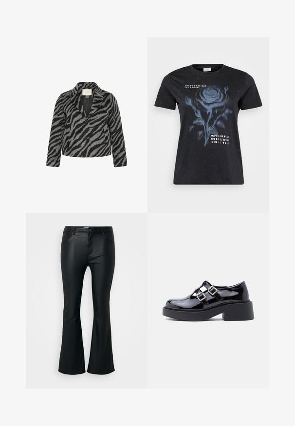 Kaffe Curve KCTORI - Korte frakker - black grey animal; ONLY Carmakoma CARMIKO WASHED SS REG TEE JRS - T-shirts print - black; Sorte, flagrende bukser lavet af et glat, skinnende materiale. Har fem lommer, bæltestropper og en lynlås med knaplukning.; Sorte platformssko i laklæder med bred hæl, udskåret design og to sølvspænder hen over vristen. Flad gummisål.