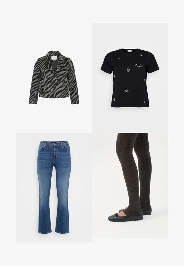 Kaffe Curve KCTORI - Halflange jas - black grey animal; Zwarte katoenen t-shirt met korte mouwen, voorzien van verspreide witte handtassenmotieven en een scriptontwerp met de tekst "Essential Love."; ONLY Carmakoma Straight fit CARWILLY Mid waist - Straight leg jeans - dark blue denim; Benen met donkere geribbelde leggings gecombineerd met zwarte ballerina's met kleine strikdetails op een witte achtergrond.