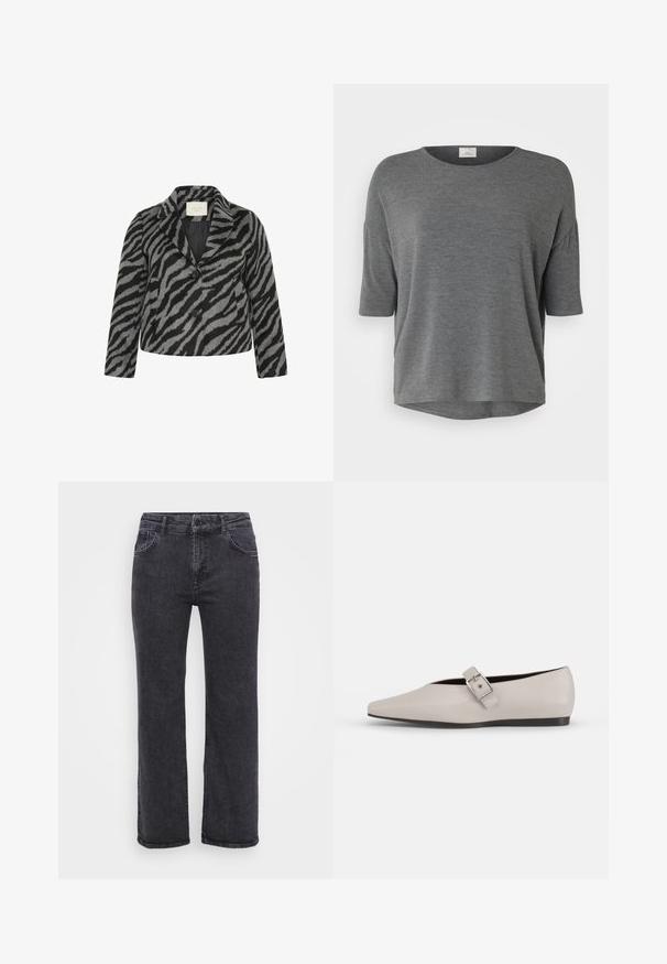 Kaffe Curve KCTORI - Korte frakker - black grey animal; Grå kortærmet top i blødt stof med en afslappet pasform, rund halsudskæring og buet kant. Ingen udprægede mønstre eller detaljer.; Sorte denim jeans med lige ben design, fem lommer og knaplukning. Stoffet har en let falmet tekstur og robust syning.; Beige læder flad sko med spidse tæer, en sidelukning som accent og en lav sort sål. Glat tekstur og minimalistisk design.