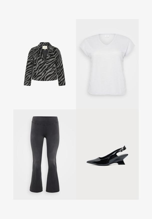 Kaffe Curve KCTORI - Manteau court - black grey animal; T-shirt blanc à manches courtes et en V avec une texture scintillante subtile, offrant une coupe décontractée et sans motifs ni accents visibles.; ONLY Carmakoma Flared fit CARROYAL Mid waist - Jean flare - washed black; Chaussure slingback en cuir verni noir avec bout pointu et petit talon bloc incliné sur fond clair uni.
