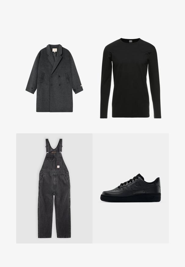 Manteau croisé en laine gris foncé avec revers en notches, deux poches à rabat latérales et poignets boutonnés, posé à plat sur un fond blanc.; Urban Classics STRETCH TERRY - T-shirt à manches longues - black; Salopette en denim noir avec bretelles réglables, poche poitrine avant avec rabat, deux poches latérales et une petite étiquette blanche sur la poche poitrine.; Baskets Nike Air Force 1 noires avec un dessus en cuir lisse, bout perforé pour la respirabilité, lacets noirs et semelle en caoutchouc texturé.