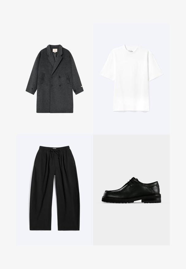 Manteau croisé en laine gris foncé avec revers en notches, deux poches à rabat latérales et poignets boutonnés, posé à plat sur un fond blanc.; T-shirt blanc uni à manches courtes et col rond avec une coupe décontractée, présenté sur un fond clair.; Pantalon noir à jambes larges avec taille élastique et cordon, avec poches latérales et coupe décontractée.; Chaussure en cuir noir à lacets avec semelle épaisse en caoutchouc et couture moc toe, vue de profil gauche sur fond clair uni.