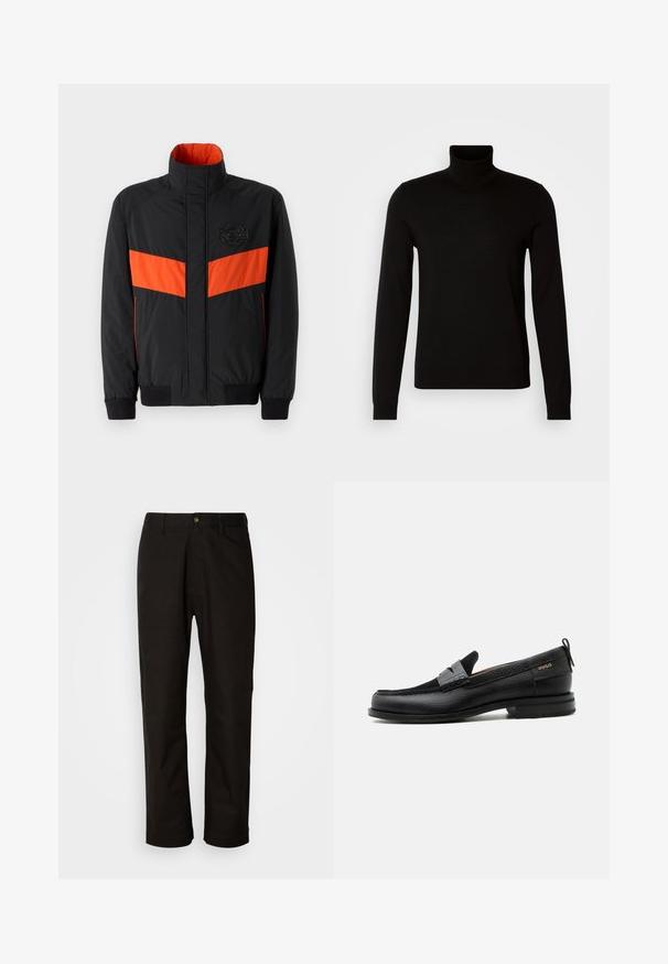 Sort jakke med orange vandret stripe, høj krave, elastiske manchetter og et logo-patch på brystet. Glat tekstur og let materiale.; Sort turtleneck sweater lavet af et fint strikket stof, der har lange ærmer og en tætsiddende silhuet. Glat tekstur med ribbede manchetter.; Sorte bomuldsbukser med lige pasform, bæltestropper, lynlås foran og en enkelt knappelukning. Glat tekstur uden synlige mønstre.; Sort læderloafer med grå remdetalje, lav hæl og tekstureret sål, mærket med "HUGO" i guld på siden.