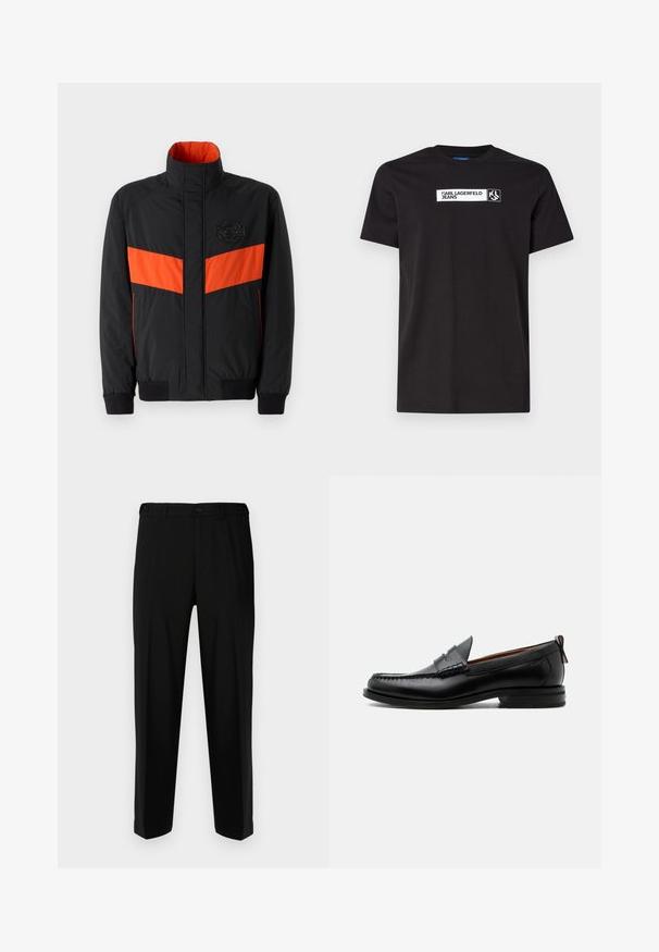 Veste noire avec une bande horizontale orange, col haut, poignets élastiques et un patch logo sur la poitrine. Texture lisse et matériau léger.; T-shirt en coton noir à manches courtes avec un graphique texte blanc portant la mention "KARL LAGERFELD JEANS" et un logo, col rond.; Pantalon noir en tissu lisse, présentant une coupe droite, deux poches avant et une fermeture à glissière avec bouton.; Mocassin homme en cuir noir avec couture moc toe, bride penny, col texturé et petit talon empilé sur fond blanc.
