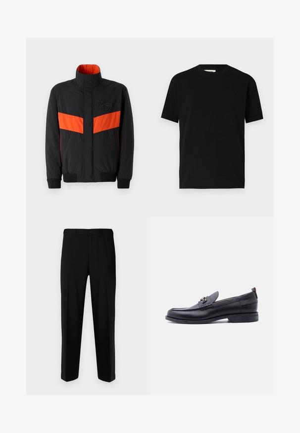 Chaqueta negra con una franja horizontal naranja, cuello alto, puños elásticos y un parche de logo en el pecho. Textura suave y material ligero.; Camiseta negra de manga corta hecha de algodón con un cuello redondo y un corte holgado. Textura suave, sin patrones ni logotipos visibles.; Pantalones negros de tela suave, con corte recto, dos bolsillos frontales y cremallera con cierre de botón.; Mocasín de cuero negro con empeine gris texturizado, detalle de hebilla metálica plateada, tacón bajo y lengüeta para tirar en la parte trasera.