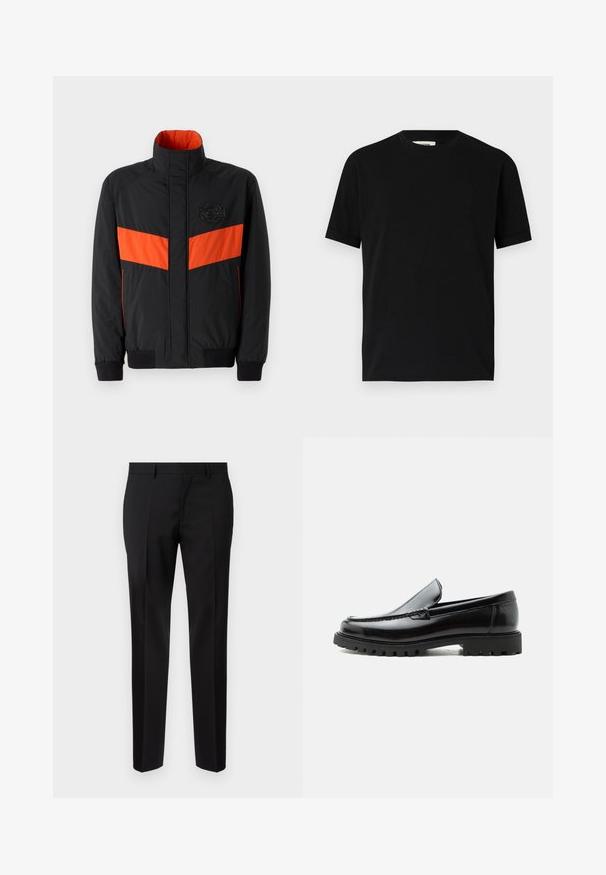 Veste noire avec une bande horizontale orange, col haut, poignets élastiques et un patch logo sur la poitrine. Texture lisse et matériau léger.; T-shirt noir à manches courtes en coton avec un col rond et une coupe ample. Texture lisse, sans motifs ni logos visibles.; Pantalons noirs ajustés en tissu lisse, présentant une jambe droite, des détails de pli raffinés et une taille classique avec passants de ceinture.; Mocassin en cuir noir avec semelle en caoutchouc épaisse, dessus cousu et nom de marque embossé sur le talon, présenté de profil sur fond blanc.