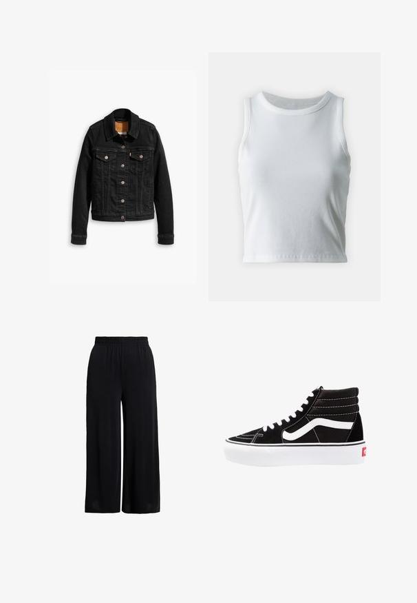 Veste en denim noir avec deux poches poitrine à l'avant, fermetures à boutons argentés et col classique. Texture lisse avec des détails de couture contrastants.; Débardeur blanc côtelé avec un décolleté rond et sans manches, présentant un ourlet droit et une texture lisse et extensible.; Pantalon noir à jambes larges avec ceinture élastique, confectionné en tissu léger pour une coupe décontractée.; Baskets montantes noires avec des lacets blancs, un logo blanc et des coutures blanches contrastées. Dotées d'une épaisse semelle blanche et d'un dessus en daim texturé.