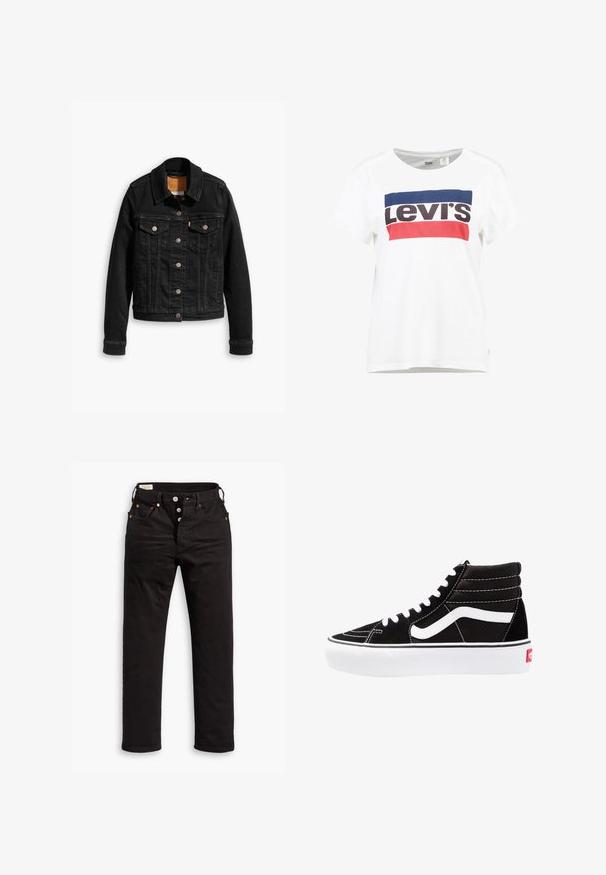Veste en denim noir avec deux poches poitrine à l'avant, fermetures à boutons argentés et col classique. Texture lisse avec des détails de couture contrastants.; T-shirt en coton blanc à manches courtes et col rond, arborant un design central du logo Levi's en bleu, rouge et noir.; Jean noir à jambe droite avec fermeture à boutons, poches avant et arrière, et détails en rivets cuivrés sur fond blanc.; Baskets montantes noires avec des lacets blancs, un logo blanc et des coutures blanches contrastées. Dotées d'une épaisse semelle blanche et d'un dessus en daim texturé.