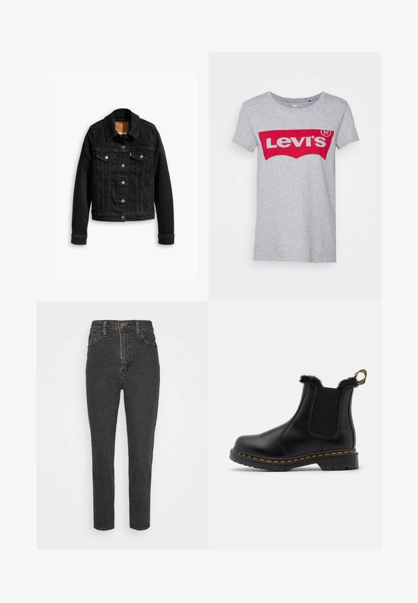 Zwarte denimjack met twee voorzakken op de borst, zilveren knoopsluitingen en een klassieke kraag. Soepele textuur met contrasterende stikdetails.; Grijze katoen t-shirt met een groot rood Levi's logo over de borst, met een klassieke ronde hals en korte mouwen.; Zwarte denim jeans met hoge taille en een slim fit, voorzien van een knoopsluiting, riemlussen en een klassieke vijf-pocket ontwerp.; Zwarte leren enkelboots met textuur in de elastische zijpanelen, een bontafwerking aan de bovenkant, gele stiksels en een stevige rubberen zool.