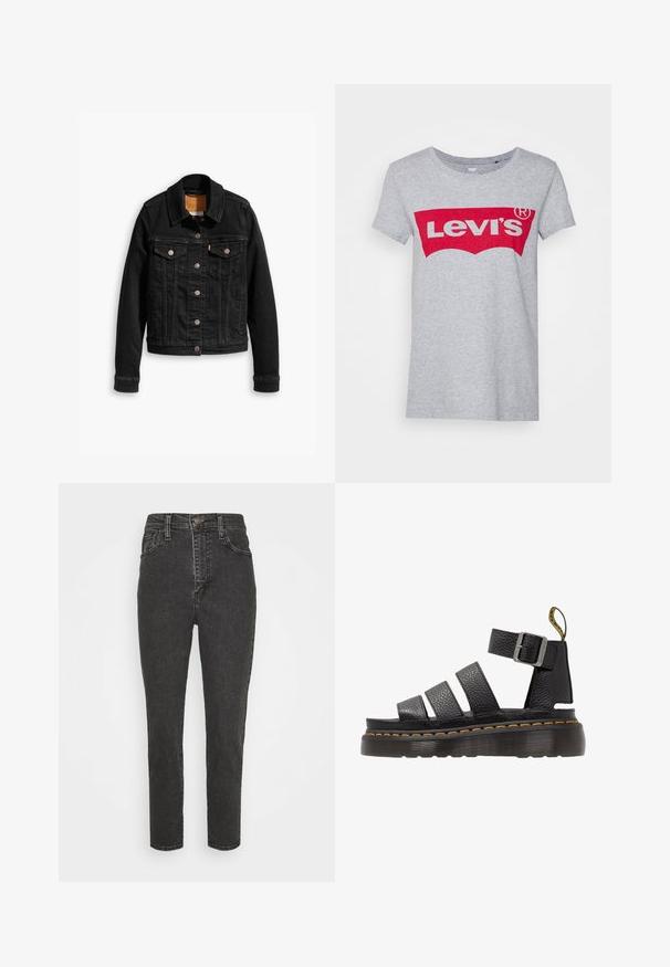 Chaqueta de denim negra con dos bolsillos en el pecho, cierres de botones plateados y un cuello clásico. Textura suave con detalles de costura en contraste.; Camiseta de algodón gris con un gran logo rojo de Levi's en el pecho, con un clásico escote redondo y mangas cortas.; Vaqueros de mezclilla negros de talle alto con un ajuste slim, que cuentan con un cierre de botón, pasadores para cinturón y un clásico diseño de cinco bolsillos.; Sandalia de cuero negro con tres correas anchas, hebilla de metal ajustable, suela gruesa con textura y detalle de costura naranja a lo largo del borde.