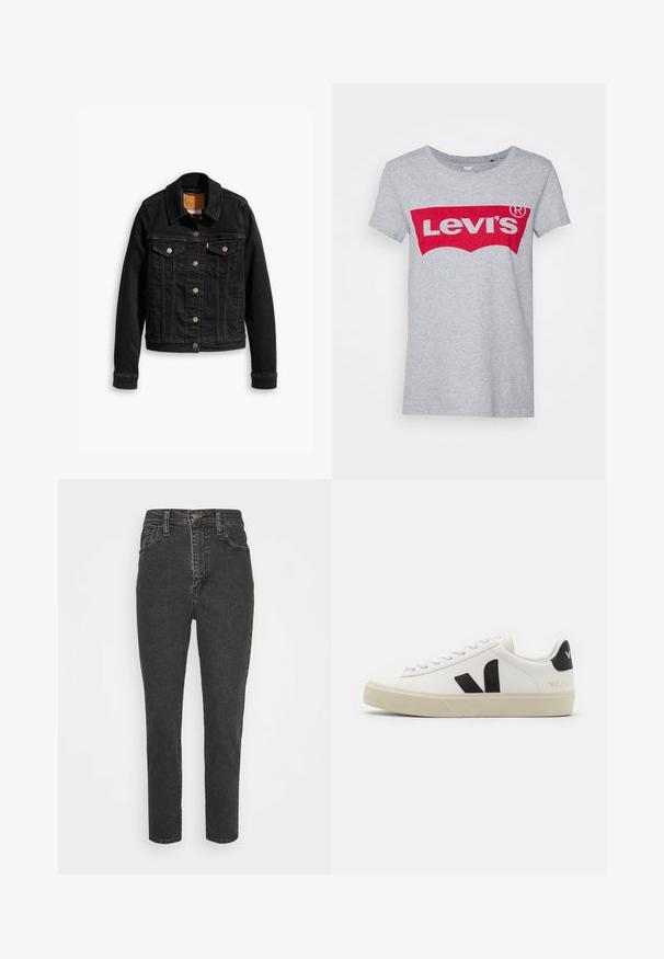 Sort denimjakke med to brystlommer, sølvknap-lukninger og klassisk krave. Glat tekstur med kontrasterende syningsdetaljer.; Grå bomulds t-shirt med et stort rødt Levi's-logo på tværs af brystet, med en klassisk rund halsudskæring og korte ærmer.; Højtaljede sorte denim jeans med slim fit, der har en knaplukning, bælteløkker og klassisk fem-lomme-design.; Hvide lædersneakers med sort gummiv V-logo. Tekstureret off-white sål, hvide snørebånd og bagside med brandnavn i sort.