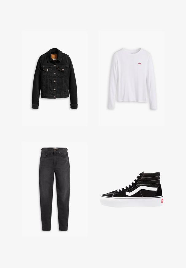 Veste en denim noir avec deux poches poitrine à l'avant, fermetures à boutons argentés et col classique. Texture lisse avec des détails de couture contrastants.; Chemise blanche à manches longues en coton doux. Présente un petit logo rouge Levi's sur la poitrine gauche. Design classique à col rond.; Jean slim taille haute noir avec poches avant et arrière, fermeture à bouton et passants de ceinture, présentés sur un fond blanc.; Baskets montantes noires avec des lacets blancs, un logo blanc et des coutures blanches contrastées. Dotées d'une épaisse semelle blanche et d'un dessus en daim texturé.