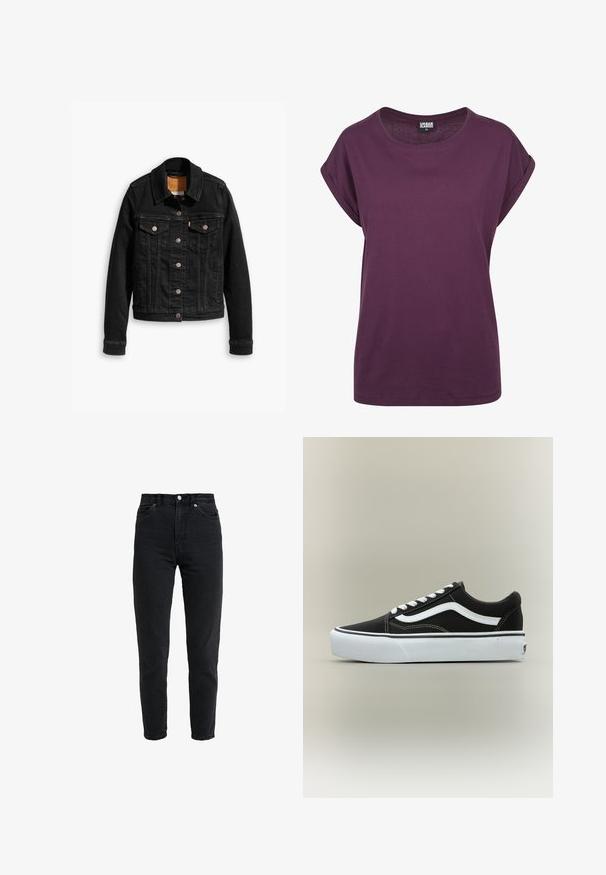 Sort denimjakke med to brystlommer, sølvknap-lukninger og klassisk krave. Glat tekstur med kontrasterende syningsdetaljer.; Lilla bomulds T-shirt, løs pasform, rund halsudskæring, oprullede korte ærmer og lige kant. Minimalistisk design uden synlige mønstre eller accenter.; High-waist sort denim jeans med forreste knap og lynlås, to forlommer og en tilspidset ben foran på en hvid baggrund.; Lavtop sort sneaker med hvid side stribe, hvide snørebånd, hvid gummisål og tekstureret tåhætte på neutral baggrund.