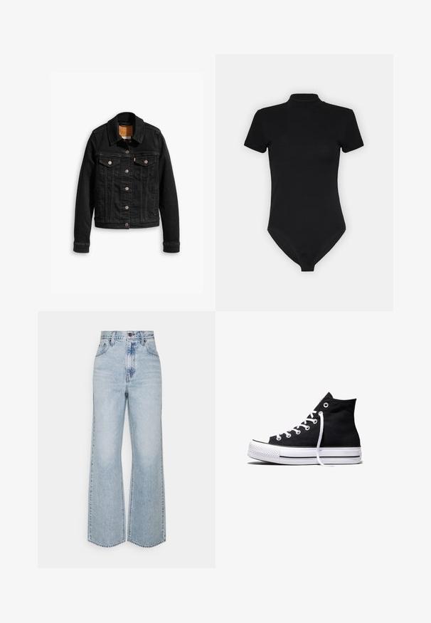 Veste en denim noir avec deux poches poitrine à l'avant, fermetures à boutons argentés et col classique. Texture lisse avec des détails de couture contrastants.; Bodysuit noir avec un col montant, des manches courtes et une coupe ajustée. Fabriqué à partir d'un tissu lisse et extensible avec un bas sans couture.; Jean large en denim bleu clair avec taille haute, design classique à cinq poches et couture contrastante. Détail de ourlet brut en bas.; Baskets montantes en toile noire avec semelle en caoutchouc blanche et lacets blancs, vues de côté sur un fond blanc.