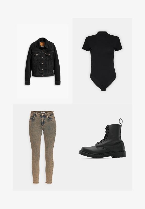 Schwarze Jeansjacke mit zwei Brusttaschen, silbernen Knopfverschlüssen und einem klassischen Kragen. Glatte Textur mit kontrastierenden Nähten.; Schwarzer bodysuit mit hohem Kragen, kurzen Ärmeln und tailliertem Design. Hergestellt aus einem glatten, dehnbaren Stoff mit nahtlosem Boden.; ONLY ONLBLUSH MID WAIST SKINNY - Jeans Skinny Fit - dark blue; Schwarzer Lederkampfstiefel mit runder Zehenpartie, Schnürung vorne und einer Zuglasche am Knöchel. Verfügt über eine dicke Gummisohle für Langlebigkeit.