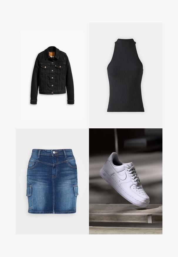 Veste en denim noir avec deux poches poitrine à l'avant, fermetures à boutons argentés et col classique. Texture lisse avec des détails de couture contrastants.; Haut sans manches noir à col montant, avec une coupe ajustée et un tissu extensible, présentant une texture subtile et des bords ourlés.; Noisy May NMAVA SKINNY SKIRT - Jupe en jean - medium blue denim; Baskets Nike Air Force 1 blanches lévitant au-dessus d'une surface en béton avec des ombres dans un cadre minimaliste.