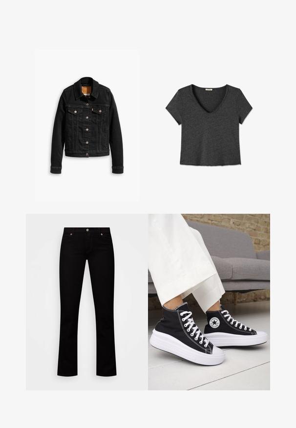 Schwarze Jeansjacke mit zwei Brusttaschen, silbernen Knopfverschlüssen und einem klassischen Kragen. Glatte Textur mit kontrastierenden Nähten.; Dunkelgraues, kurzärmeliges Crop-Top mit V-Ausschnitt und rohen Kanten am Kragen und Saum.; Schwarze Jeans aus Denim, mit schlanker Passform, fünf Taschen, Knopfverschluss und dezenten Kupferakzenten an den Nieten.; Schwarze High-Top-Sneaker mit weißen Gummisohlen und Schnürsenkeln. Verfügt über ein rundes Logo-Patch und kontrastierende weiße Nähte. Aus Canvas-Material.