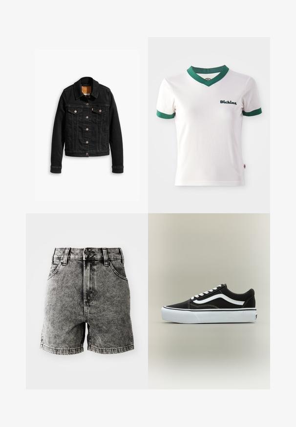 Chaqueta de denim negra con dos bolsillos en el pecho, cierres de botones plateados y un cuello clásico. Textura suave con detalles de costura en contraste.; Camiseta de algodón blanca de manga corta con cuello en V y ribetes verdes; cuenta con el logo de "Dickies" en verde oscuro en el lado izquierdo del pecho. Textura de algodón suave.; Pantalones cortos de mezclilla negros con cintura alta, diseño de cinco bolsillos y textura desgastada con costuras visibles y detalles de metal.; Zapatilla deportiva negra de corte bajo con raya lateral blanca, cordones blancos, suela de goma blanca y puntera texturizada sobre fondo neutro.