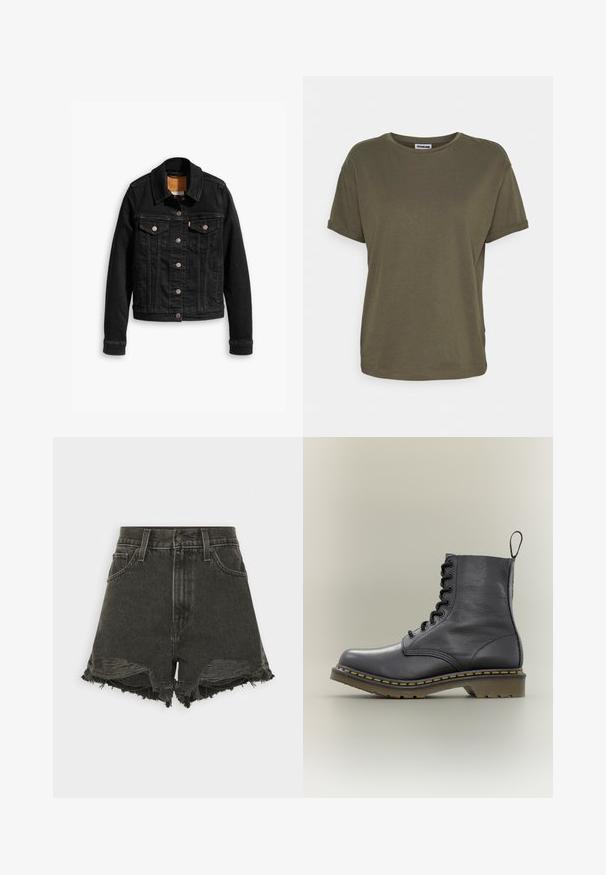 Veste en denim noir avec deux poches poitrine à l'avant, fermetures à boutons argentés et col classique. Texture lisse avec des détails de couture contrastants.; Noisy May NMBRANDY - T-shirt basique - kalamata; Shorts en denim noir avec des ourlets effilochés, taille haute, cinq poches et une fermeture à boutons. La texture abîmée ajoute de l'intérêt visuel.; Botte de combat en cuir noir avec 8 œillets, semelle en caoutchouc, couture jaune et une languette à l'arrière. Présente une tige texturée.