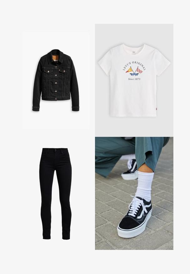Veste en denim noir avec deux poches poitrine à l'avant, fermetures à boutons argentés et col classique. Texture lisse avec des détails de couture contrastants.; T-shirt blanc à manches courtes Levi's avec des drapeaux jaunes et rouges croisés et le texte "Levi's Original Since 1873" au centre devant.; Jean skinny noirs en tissu mélangé coton, présentant une taille haute, un design classique à cinq poches, et une fermeture à bouton à l'avant.; Baskets en suède noir avec des accents et des lacets blancs, présentant une épaisse semelle blanche et des coutures contrastantes, associées à une chaussette blanche.