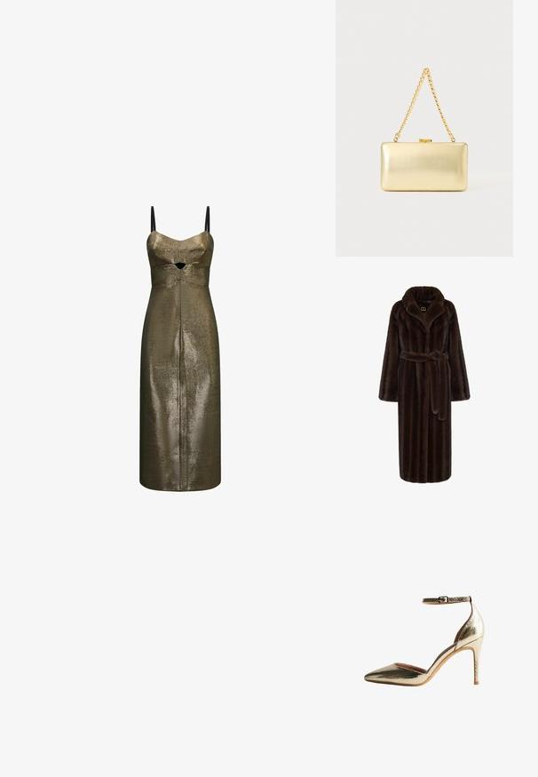 Bruine nepbont badjas met een sjawlcollar, lange mouwen, een strikceintuur in de taille en een textuur afwerking. Heeft een logolabel op de nek.; Metallic bronzen midi-jurk met dunne zwarte bandjes en een kleine frontale uitsnede onder de buste in een gestructureerde stof.; Gouden, textuur ontwerp, hoge hakken met een puntige neus en enkelbandje. Voorzien van een gladde binnenvoering en een slanke stilettohak.; Rechthoekige gouden clutch met glanzende afwerking, metalen sluiting en korte gouden kettinghengsel tegen een effen lichte achtergrond.