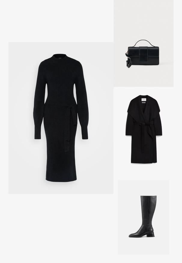Zwarte wikkeljas van zachte stof, met een sjawlzoom, korte mouwen en een bijpassende riem in de taille. Schoon, minimalist design.; Zwarte gebreide jurk met lange mouwen, een hoge halslijn en een strik in de taille. De silhouet is aansluitend, met een rechte midi-lengte zoom.; Zwarte leren laars tot de knie met een ronde neus en een lage blokhak. Heeft een gladde textuur en minimale stikdetails.; Zwarte leren handtas met rechthoekige vorm, bovenhandvat en een verstelbare schouderriem. Heeft een voorflap met een magnetische sluiting.