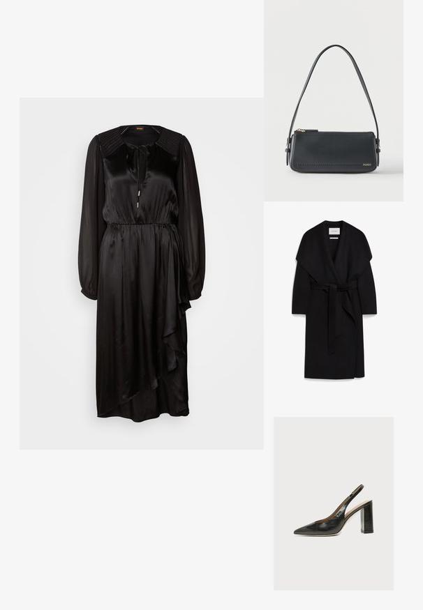 Sort omslagsfrakke lavet af blødt stof, med sjalskrave, korte ærmer og et matchende bælte i taljen. Ren, minimalistisk design.; Sort satin kjole med lange ærmer, rund halsudskæring og en bindedetalje. Har en indsamlet talje og asymmetrisk kant med drapering.; Sort dameslingback pumpe i læder med spids tå og tyk høj blokhæl på hvid baggrund.; Sort rektangulær skuldertaske i læder med guld lynlås og lille guld "HUGO"-logo på fronten, med justerbar strop med spænde.