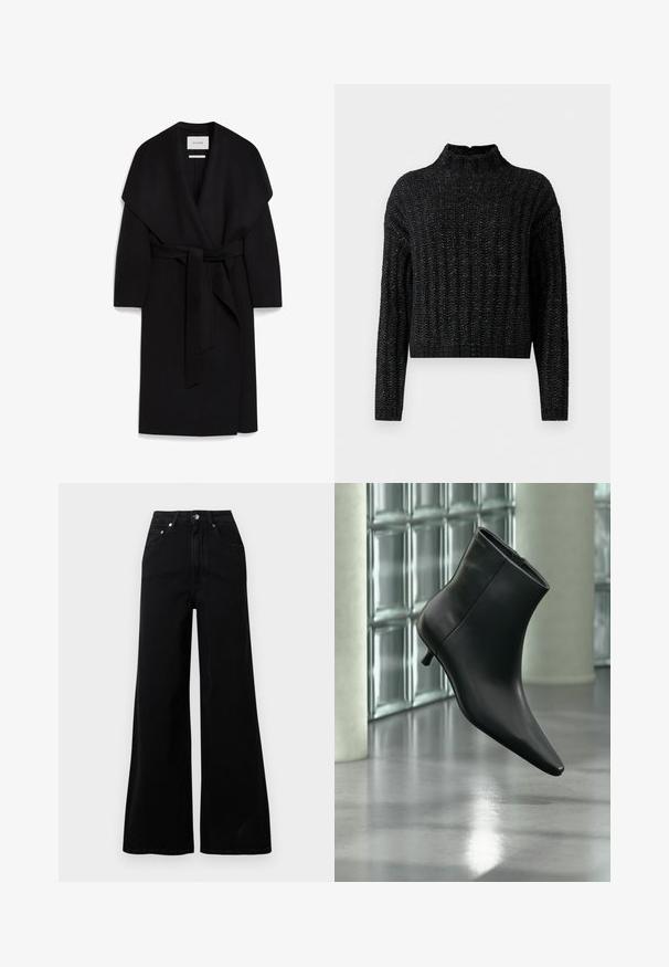 Schwarzer Wickelmantel aus weichem Stoff, mit einem Schalkragen, kurzen Ärmeln und einem passenden Gürtel in der Taille. Sauberes, minimalistisches Design.; Schwarzer, grob gestrickter Pullover mit geripptem Muster, langen Ärmeln und stehendem Kragen.; Schwarze Jeans mit weitem Bein, gefertigt aus Denim, mit hoher Taille, fünf Taschen, vorderer Knopfverschluss und minimalen Nahtdetails.; Schwarzer Leder-Stiefelette mit spitzer Zehenpartie und niedrigem Kitten-Heel, schräg dargestellt vor einem polierten Boden und einer Glasbausteinwand.