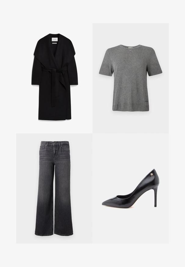 Zwarte wikkeljas van zachte stof, met een sjawlzoom, korte mouwen en een bijpassende riem in de taille. Schoon, minimalist design.; Grijs T-shirt met korte mouwen van zachte stof. Ronde hals, relaxte pasvorm, met een subtiel logo bij de zoom. Overal een gladde textuur.; Brede, donkergrijze spijkerbroek met een subtiele vervaging, voorzien van een knoopsluiting, vijf zakken en een rechte zoom bij de enkel.; Zwarte leren pump met hoge hak en spitse neus, voorzien van een uitsnijdingsontwerp en een klein gouden logo-accent op de hak.