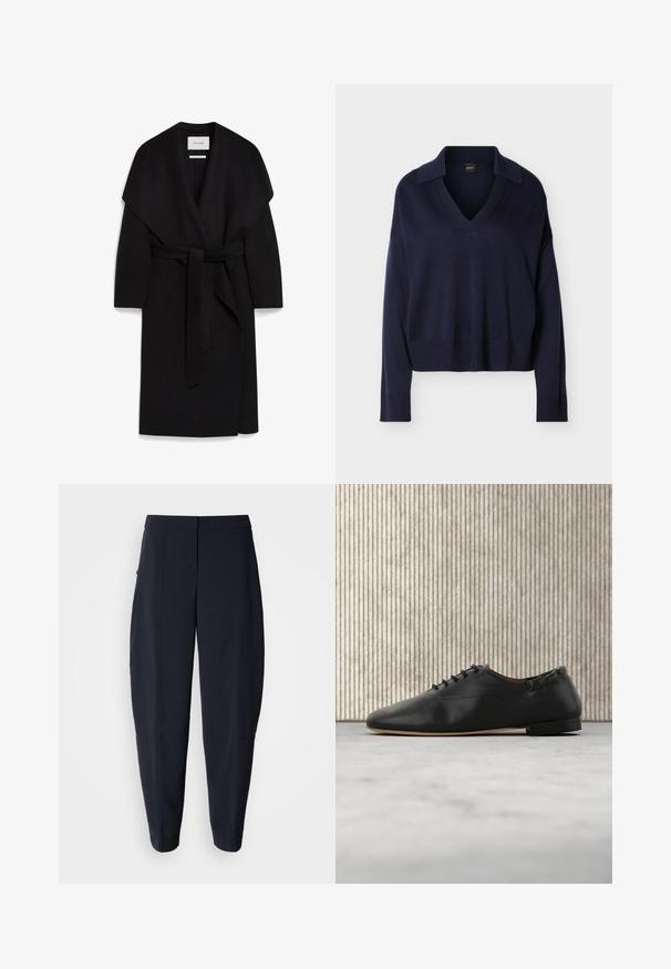 Sort omslagsfrakke lavet af blødt stof, med sjalskrave, korte ærmer og et matchende bælte i taljen. Ren, minimalistisk design.; Mørkeblå langærmet V-hals sweater med krave, ribbede manchetter og kant, vist på en ensfarvet hvid baggrund.; Marineblå skrå bukser med mellemhøj talje og sidelommer, med diskrete skærmdetaljer langs benene.; Sort læder-fladsko med snørebånd, rundet tå og lav hæl, vist i højre sideprofil på en lys baggrund.