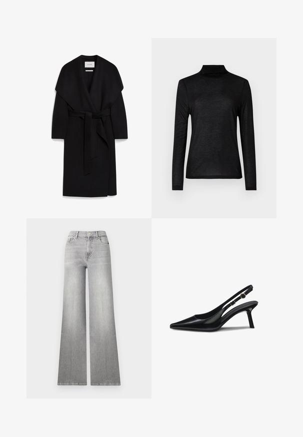 Schwarzer Wickelmantel aus weichem Stoff, mit einem Schalkragen, kurzen Ärmeln und einem passenden Gürtel in der Taille. Sauberes, minimalistisches Design.; Schwarzes Langarm-Turtleneck-Oberteil aus einem glatten, leichten Stoff. Verfügt über ein enganliegendes Design mit einem hohen Kragen und ohne Muster.; Weite graue Denim-Jeans mit einem verwaschenen Finish, Vordertasche und Knopfverschluss. Sie verfügen über ein gerades Bein und einen klassischen Saum.; Schwarze Slingback-Pumps aus Lackleder mit spitz zulaufender Zehe, schmalem Absatz und verstellbarem Riemen mit rundem Akzent. Glatte, glänzende Oberfläche.