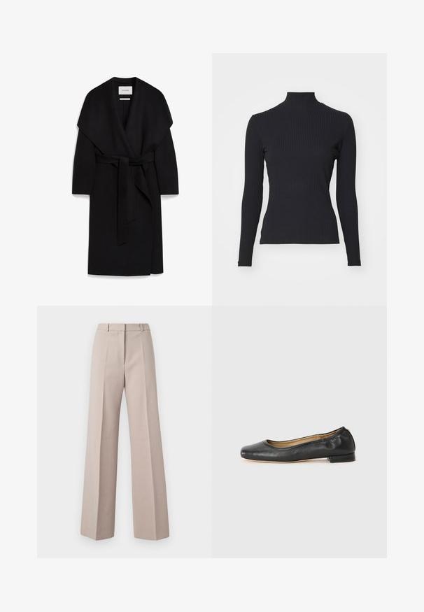 Schwarzer Wickelmantel aus weichem Stoff, mit einem Schalkragen, kurzen Ärmeln und einem passenden Gürtel in der Taille. Sauberes, minimalistisches Design.; Schwarzes, geripptes Rollkragenoberteil mit langen Ärmeln. Aus dehnbarem Stoff mit figurbetonter Passform und hohem Kragen. Einfaches Design ohne Verzierungen.; Beige weit geschnittene Hosen aus einem glatten Stoff, mit hoher Taille, vorderen Falten und einer maßgeschneiderten Silhouette.; Schwarz Leder Ballerinas mit runder Zehenpartie und minimaler Naht. Niedriger, rechteckiger Absatz und glatte Textur. Dezente Innenfutterdetails.