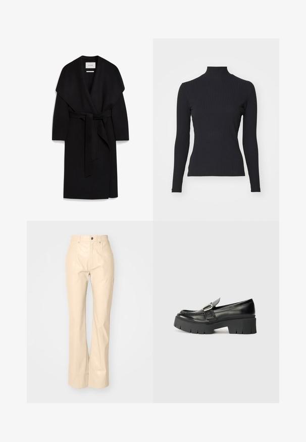 Schwarzer Wickelmantel aus weichem Stoff, mit einem Schalkragen, kurzen Ärmeln und einem passenden Gürtel in der Taille. Sauberes, minimalistisches Design.; Schwarzes, geripptes Rollkragenoberteil mit langen Ärmeln. Aus dehnbarem Stoff mit figurbetonter Passform und hohem Kragen. Einfaches Design ohne Verzierungen.; Beige Fake-Leder Schlaghosen mit glatter Textur, ausgestattet mit Vordertaschen, einem Knopfverschluss und einem dezenten, glänzenden Finish.; Schwarze Leder-Lederschuhe mit dicker Gummisohle. Merkmale einen Schnallenakzent und gestickte Details entlang des Obermaterials. Flacher Absatz.