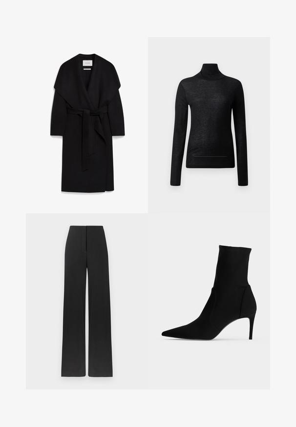 Schwarzer Wickelmantel aus weichem Stoff, mit einem Schalkragen, kurzen Ärmeln und einem passenden Gürtel in der Taille. Sauberes, minimalistisches Design.; Schwarzes Langarm-Turtleneck-Oberteil aus leichtem Stoff, mit taillierter Passform und minimalen Nahtdetails, ideal zum Lagenlook.; Weit geschnittene Hosen aus einfarbigem schwarzem Stoff. Sie verfügen über eine hohe Taille und eine glatte Textur mit einem klaren, minimalistischen Design. Keine sichtbaren Verschlüsse.; Schwarzer Ankle-Boot mit spitzer Kappe und schlankem, hohem Absatz, im Profil auf hellem Hintergrund gezeigt. Schlankes, minimalistisches Design.