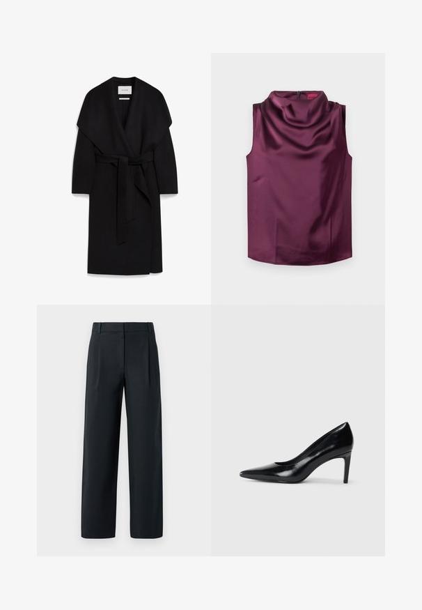 Sort omslagsfrakke lavet af blødt stof, med sjalskrave, korte ærmer og et matchende bælte i taljen. Ren, minimalistisk design.; Bordeaux ærmeløs top fremstillet af glat satin med en cowl halsudskæring og en skjult lynlås bagpå. Flad søm, ingen synlige mønstre.; Sorte skræddertræksbukser med lige ben-design, der har frontfolder, en glat tekstur og bæltestropper. Ingen synlige lommer.; Sort læder højhælede sko med spids tå, glat tekstur og en taperet hæl. Minimalistisk design uden yderligere udsmykninger.